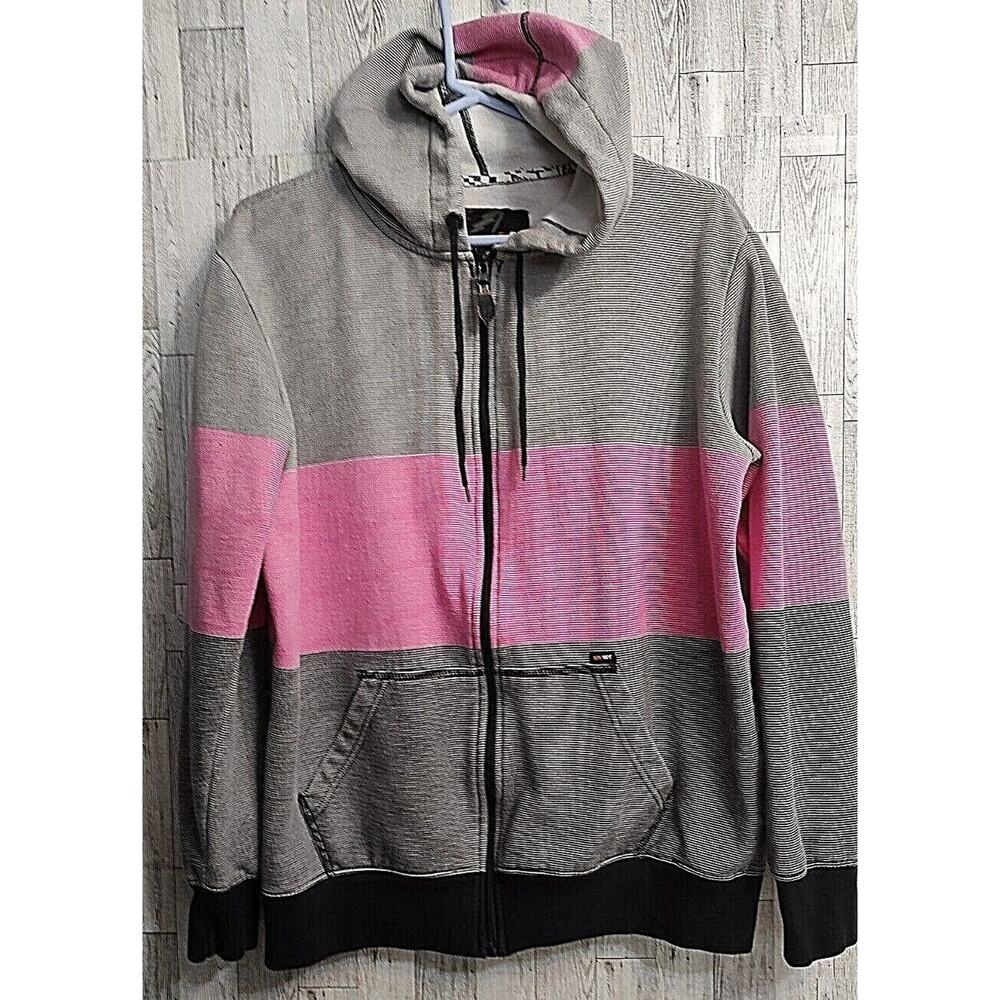 Amplify Women's Pink and Gray strip sweatshirt hooded zipper Jacket Size large